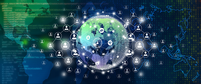 World business connection, People connection and Network connection concept. Global connection and Network connection with connecting people orbit around the world. Code programming, Digital binary and World map background in deep blue color.