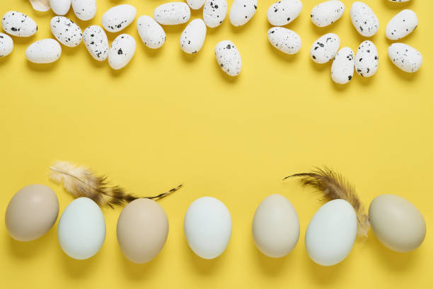 istock Many white chicken eggs lying in row on yellow trendy background. Easter minimal creative composition with copy space. Mock up. Spring Happy Easter holiday Greeting card. Top view. 1300338360
