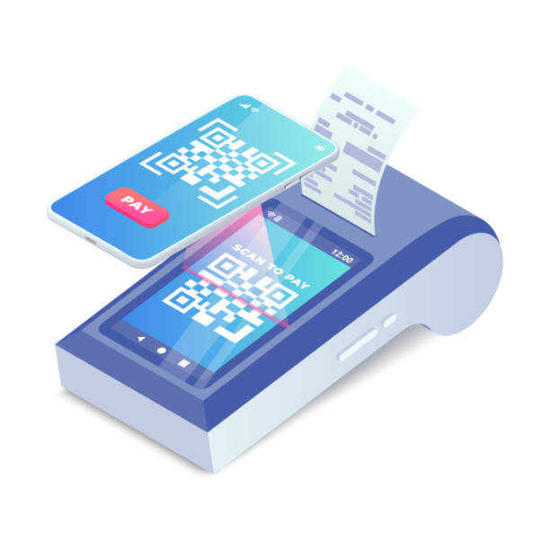 Isometric Cashless Payment machine with qr code on screen, smartphone scan to pay barcode vector Isometric Cashless Payment machine with qr code on screen, smartphone scan to pay barcode vector concept. 3d Contactless payment, smart terminal with online cash desk print receipt scan barcode on phone stock illustrations