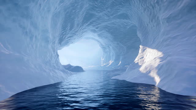 Traveling slowly through an ice cave and exiting the other side onto a beautiful ocean scene