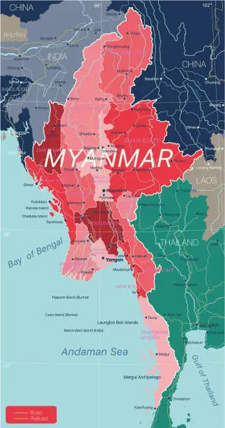 Vector illustration of Myanmar country detailed editable map