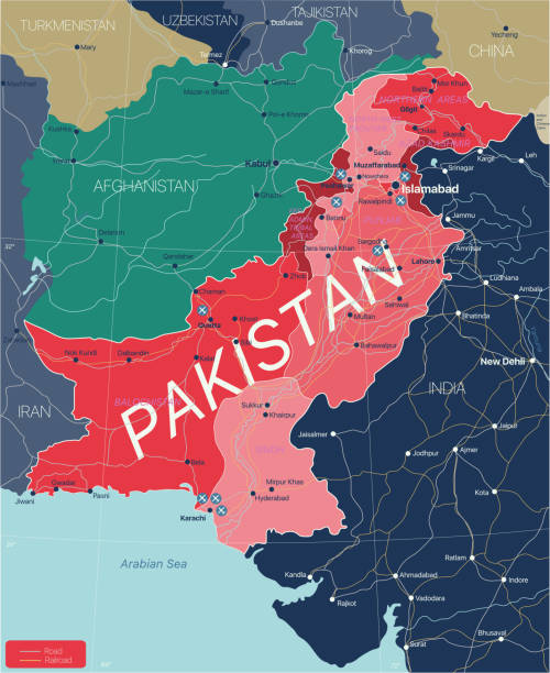 Pakistan country detailed editable map Pakistan country detailed editable map with regions cities and towns, roads and railways, geographic sites. Vector EPS-10 file hyderabad pakistan stock illustrations