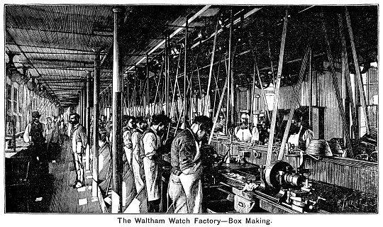 Workers making boxes in the Waltham Watch Factory in Waltham, Massachusetts. Between 1850 and 1957 the American Waltham Watch Co produced around 40 million time-pieces and other instruments. From “The Cottager and Artisan, 1889” published by The Religious Tract Society, London.