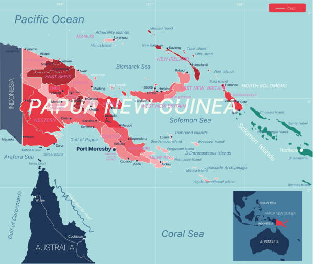 Papua New Guinea country detailed editable map Papua New Guinea country detailed editable map with regions cities and towns, roads and railways, geographic sites. Vector EPS-10 file new britain island stock illustrations