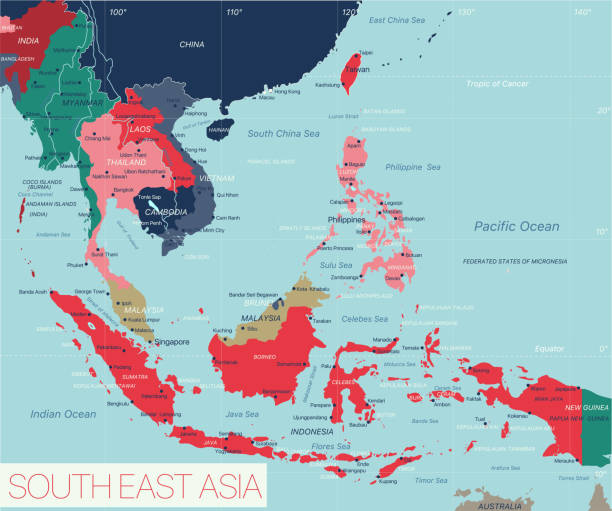 ilustraciones, imágenes clip art, dibujos animados e iconos de stock de mapa editable detallado de la región de asia sudoriental - sudoriental