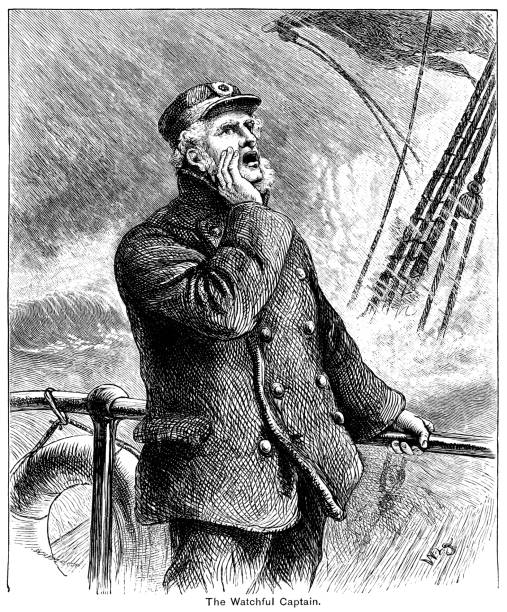 Sailing ship's master shouting instructions in a storm A ship’s sailing master shouting orders to his crew over the noise of a storm. From “The Cottager and Artisan, 1889” published by The Religious Tract Society, London. boat captain illustrations stock illustrations