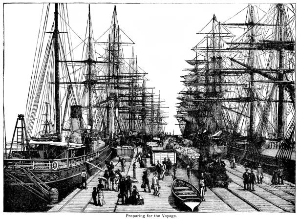Rows of sailing ships and steamers moored each side of a pier with passengers boarding and cargo being moved around with the help of a steam engine. From “The Cottager and Artisan, 1889” published by The Religious Tract Society, London.