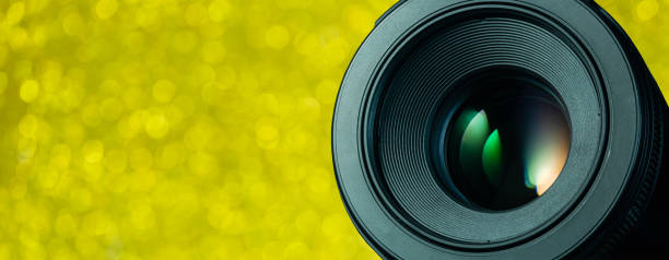 istock Close up of camera lens with reflection,soft focus 1300341883