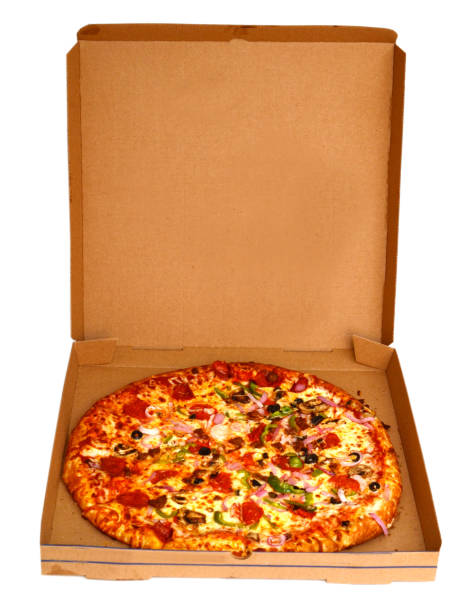 istock A Whole Combination Pizza in a cardboard box against white, background 1300343181