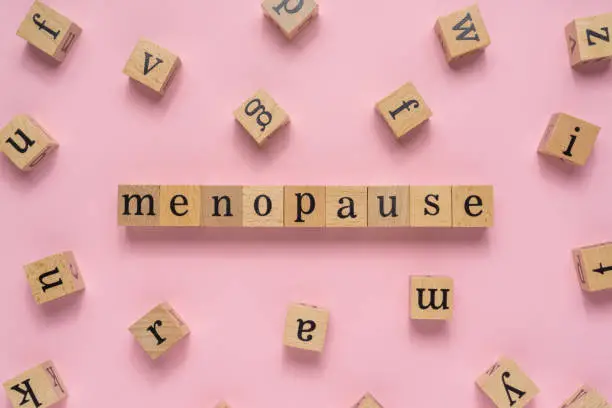 Photo of Menopause word on wooden block. Flat lay view on light pink background.