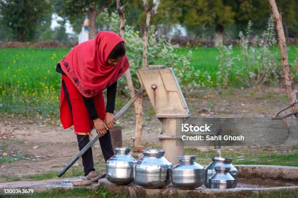 Unidentified Indian Girl Using Hand Pump For Drinking Water Stock Photo - Download Image Now