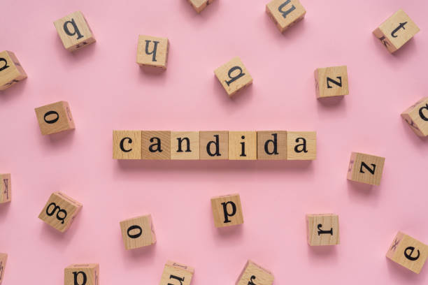 istock Candida word on wooden block. Flat lay on light pink background. 1300344283
