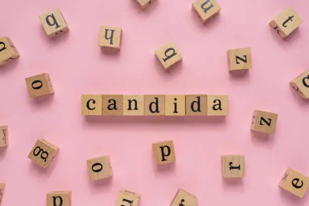 Candida word on wooden block. Flat lay on light pink background.