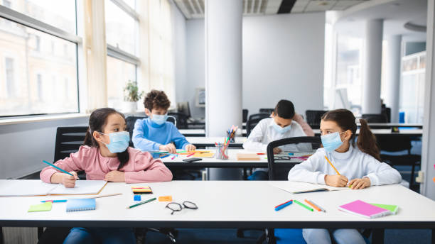 istock Diverse pupils wearing face masks keeping social distance 1300346793