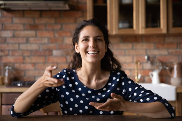 istock Screen view of happy woman talk on video call 1300347635
