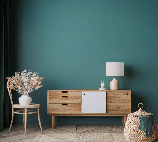 home interior mock-up im modernen hintergrund, grünes wohnzimmer, skandinavischen stil - wicker drawers stock-fotos und bilder