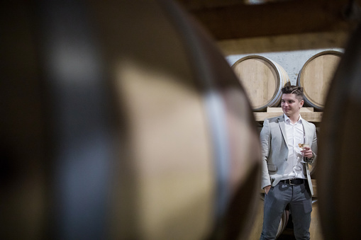 A portrait of an elegant handsome male sommelier visually inspecting a glass of wine in a wine cellar. It stands next to a row of wooden barrels. Professional degustation expert in winemaking.