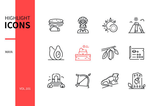 Maya - modern line design style icons set Maya - modern line design style icons set. Mayan culture, arts and craft, religious signs and symbols, history idea. Tortillas, person, astronomy, kukulcan, papaya, maths, arch, iguana, stela images architectural stele stock illustrations