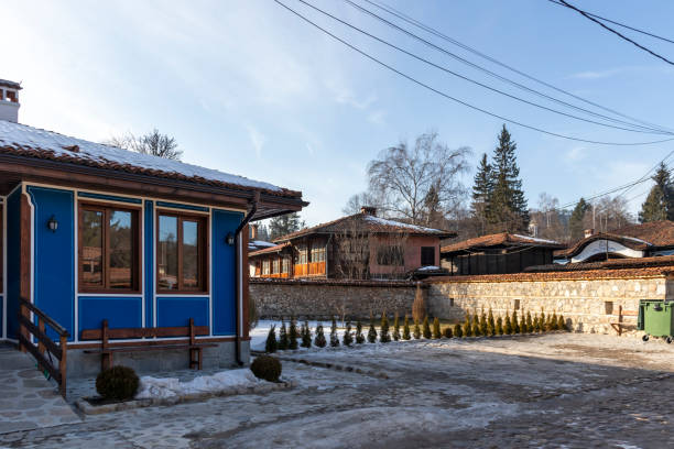 Street and old houses in historical town of Koprivshtitsa, Bulgaria Koprivshtitsa, Bulgaria - January 25, 2020: Typical Street and old houses in historical town of Koprivshtitsa, Sofia Region, Bulgaria bulgarian culture bulgaria bridge river stock pictures, royalty-free photos & images