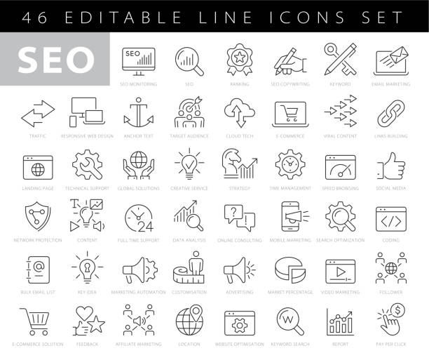 illustrazioni stock, clip art, cartoni animati e icone di tendenza di icone seo di linea - marketing
