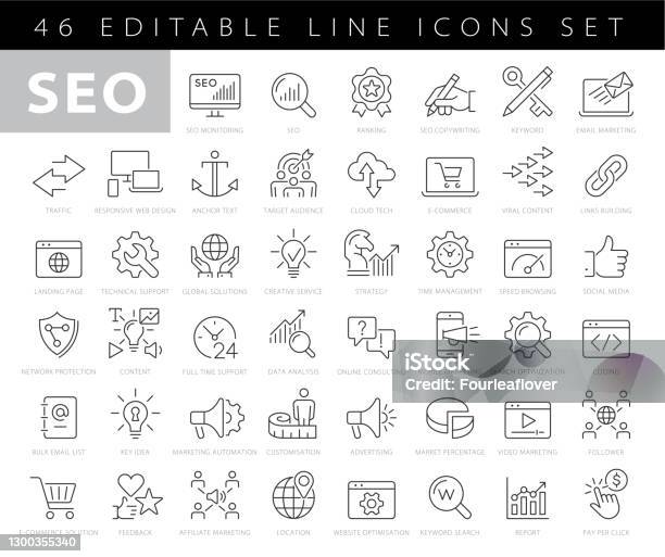 Line Seo Icons - Arte vetorial de stock e mais imagens de Símbolo de ícone - Símbolo de ícone, Marketing, Tecnologia