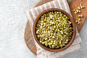 Sprouted mung bean in a wooden bowl