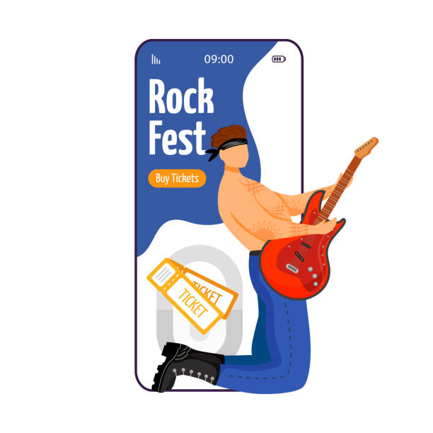 rock fest cartoon smartphone vektor app-bildschirm. tickets. gitarrist. konzert, gig. festival, event. handy-display mit flachen charakter design mockup. anwendung telefon niedliche schnittstelle - rock gig stock-grafiken, -clipart, -cartoons und -symbole