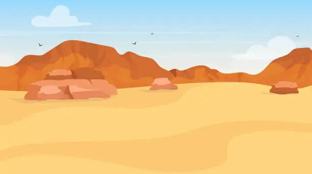 Vector illustration of Dunes flat vector illustration. Sand desert exploration. Panoramic egyptian landscape. Arabic wilderness. African land. Draught environment. Plato view. Mountain hills. Wasteland cartoon background