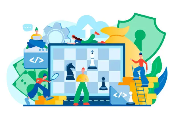 Vector illustration of Storage software strategy, web security, cloud technology concept with chess game on computer screen