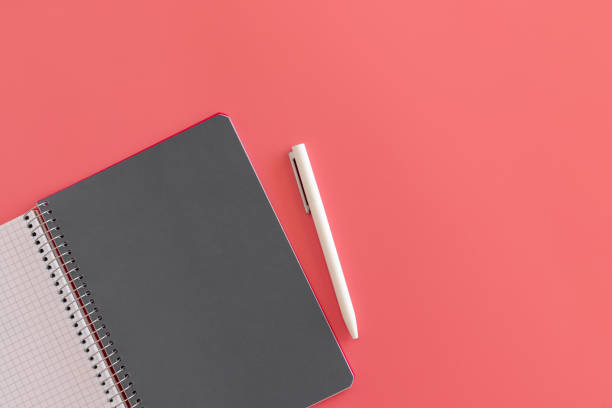 istock Spiral opened notebook with gray sheet and white pen. Layout and flat lay with place for text on a delicate pink background. Back to school. Top view, copy space. High resolution. Student workplace 1300368069