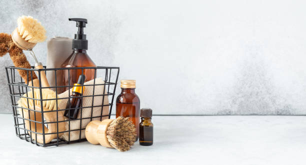 istock Horizontal banner with zero waste cleaning products and tools. Bamboo accessories and natural products for cleaning the kitchen. Copy space 1300368414