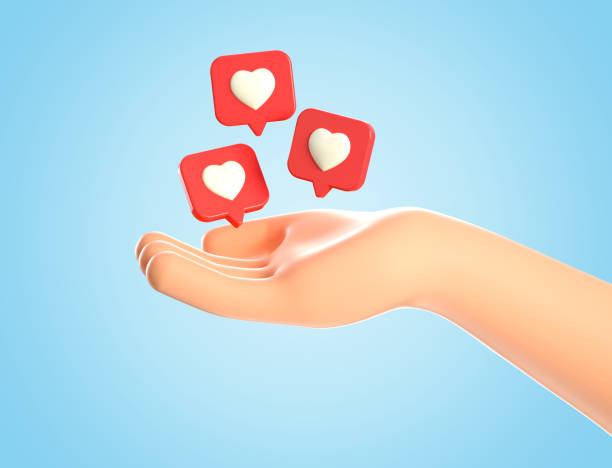 ilustración 3d de la mano humana de dibujos animados y como iconos del corazón en un alfiler rojo volando alrededor de la palma. concepto de redes sociales, icono web, como notificaciones sobre fondo azul. - tridimensional fotografías e imágenes de stock