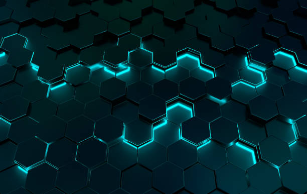 istock Hexagonal abstract background, depth of field effect. Futuristic cellular 3d panel with hexagons and neon light. Ceramic or metallic tile. 3d wall texture.  Geometric background for interior wallpaper design 1300369450