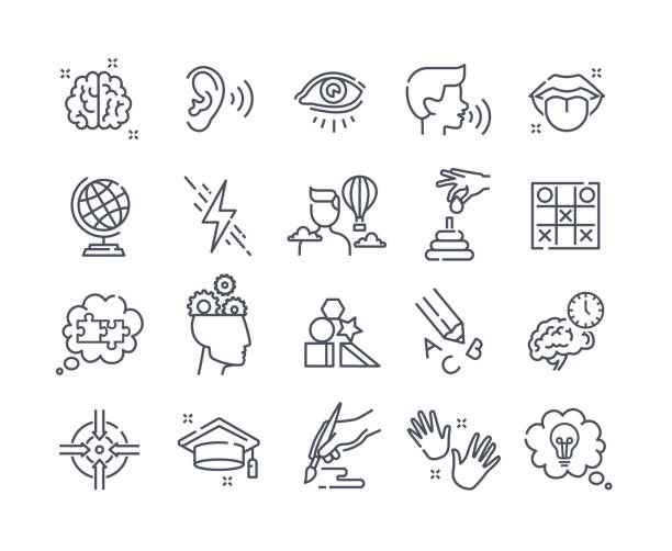 Collection of outline icons Collection of outline icons. Human cognitive abilities and preschool development of kids. Fine motor skills, logical thinking, articulation. Set of vector illustrations isolated on white background listening stock illustrations