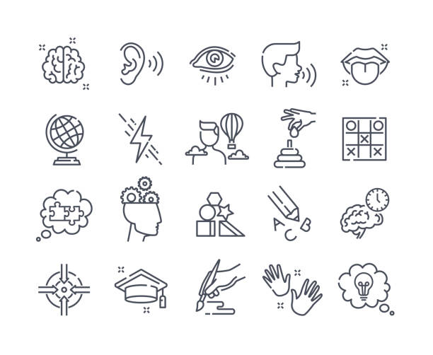 Collection of outline icons Collection of outline icons. Human cognitive abilities and preschool development of kids. Fine motor skills, logical thinking, articulation. Set of vector illustrations isolated on white background social listening stock illustrations