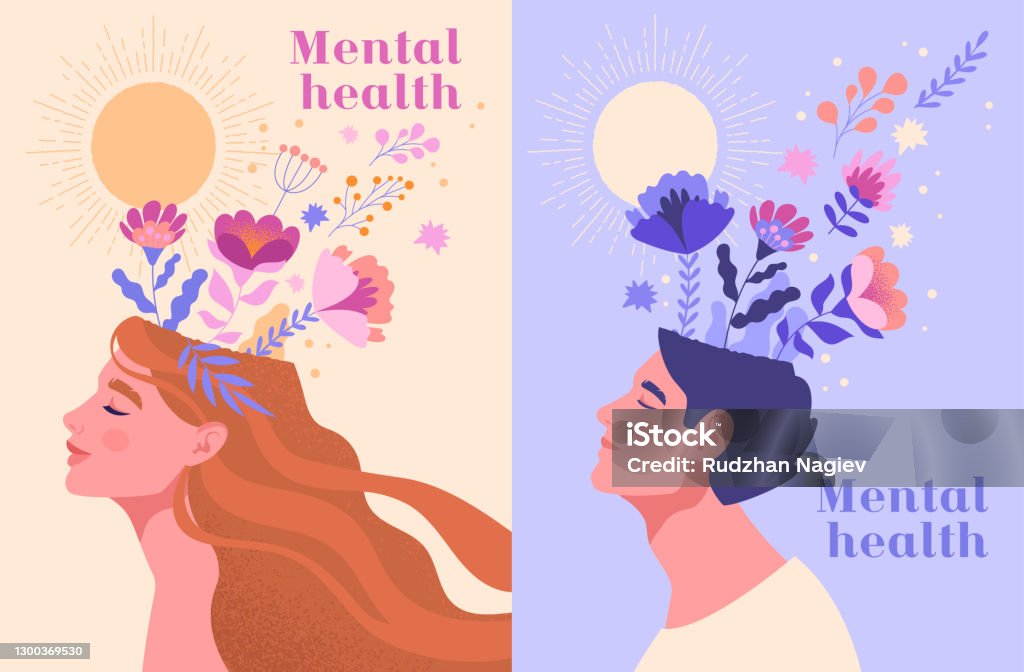 Mental health, happiness, harmony abstract concept Mental health, happiness, harmony creative abstract concept. Happy male and female heads with flowers inside. Mindfulness, positive thinking, self care idea. Set of flat cartoon vector illustrations Mental Health stock vector