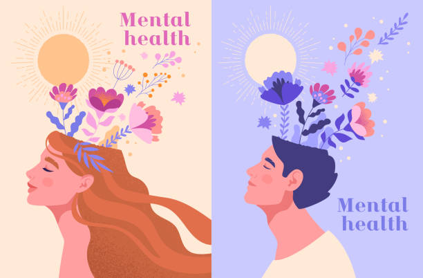 Mental health, happiness, harmony abstract concept Mental health, happiness, harmony creative abstract concept. Happy male and female heads with flowers inside. Mindfulness, positive thinking, self care idea. Set of flat cartoon vector illustrations woman thinking stock illustrations