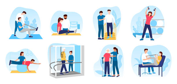 People in orthopedic therapy rehabilitation People in orthopedic therapy rehabilitation. Therapists character working with disabled patients, rehabilitating physical activity, physiotherapy. Set of flat cartoon vector illustrations physical therapy stock illustrations