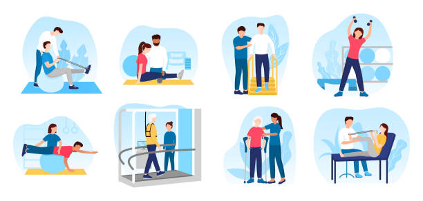 People in orthopedic therapy rehabilitation People in orthopedic therapy rehabilitation. Therapists character working with disabled patients, rehabilitating physical activity, physiotherapy. Set of flat cartoon vector illustrations physiotherapy stock illustrations