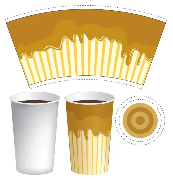 Vector illustration of hot drink paper cup template with flowing liquid