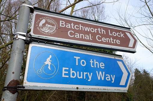 Rickmansworth, Hertfordshire, England, UK - February 4th 2021: Signs to the Batchworth Lock Canal Centre and the Ebury Way cycle path