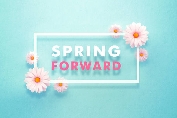 Spring Forward Concept - Spring Forward Message Surrounded by Daisies on Teal Background Spring forward message surrounded by daisies over teal background. Horizontal composition with copy space. Spring forward and daylight saving time concept. daylight saving time stock pictures, royalty-free photos & images