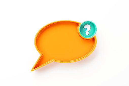 Speech bubble with question mark at the upper right corner sitting over white background. Horizontal composition clipping path and copy space. Speech bubble is orange colored. FAQ concept.