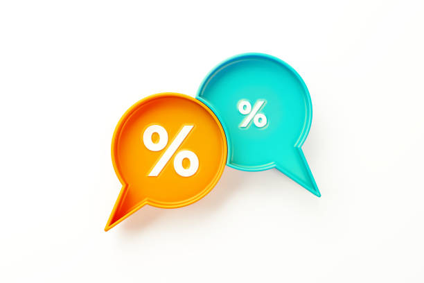 orange and teal colored speech bubble pair with percentage signs in different sizes sitting over white background - bubble large percentage sign symbol imagens e fotografias de stock