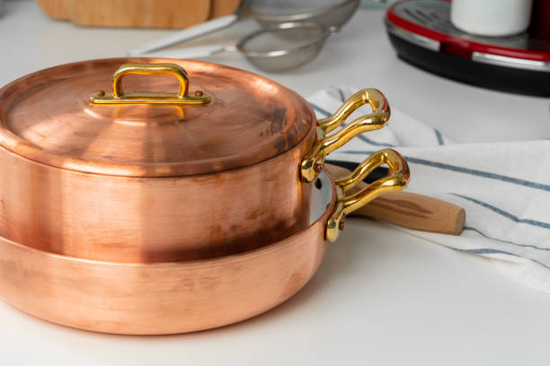 istock Close up of modern kitchen interior with copper cookware 1300373171