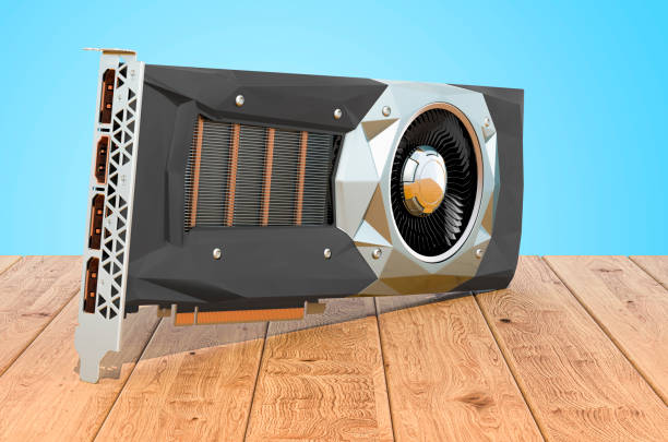istock Computer video card GPU on the wooden planks, 3D renderin 1300373599
