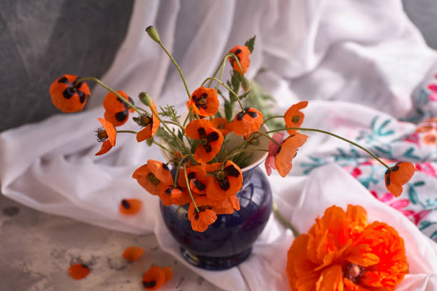 istock A Little Red Poppies Bouquet in blue ceramic vase 1300374472