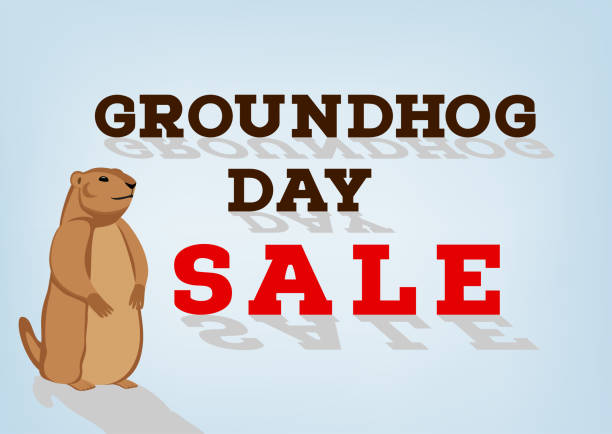 istock Groundhog day sale inscription on blue background. Cartoon character with shadow. Happy groundhog day sale concept 1300374647