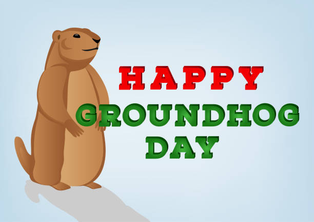 istock Happy groundhog day inscription on blue background. Cartoon character looking at his shadow. Vector design template 1300374708
