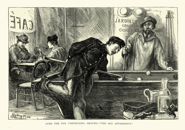 männer spielen billard und karten in französischer café, cue hinter dem rückenschuss, victorian - snooker stock-grafiken, -clipart, -cartoons und -symbole